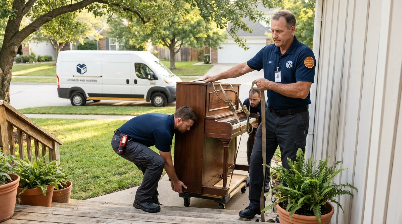 Licensed piano movers securing grand piano in Preston, IA