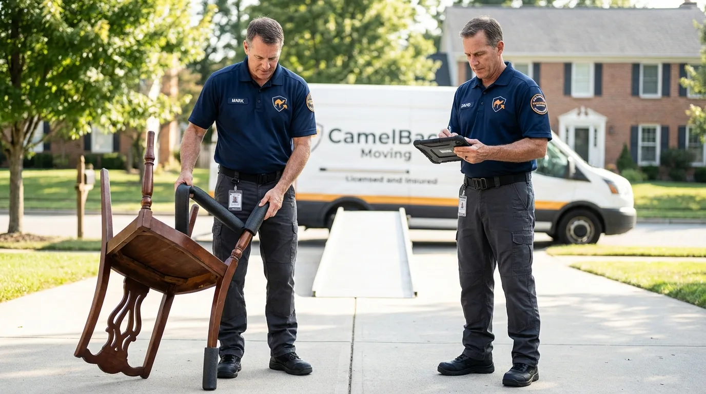 Movers inspecting furniture for damage prevention before loading in Preston, IA