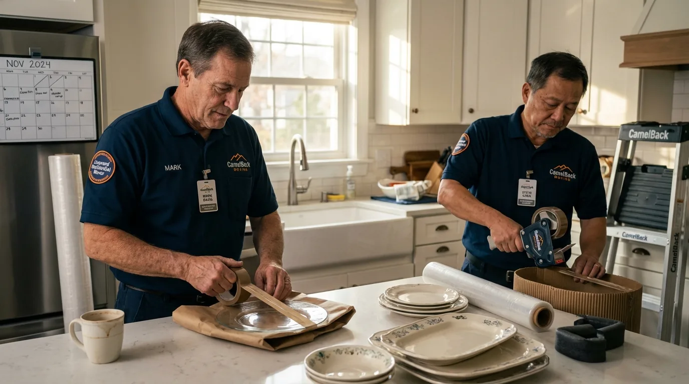 Professional crew packing kitchen dishware in Preston, IA
